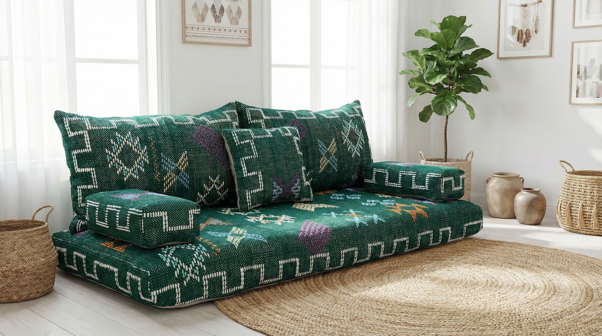 Green Moroccan sofa in a room with white walls, a plant, and baskets.