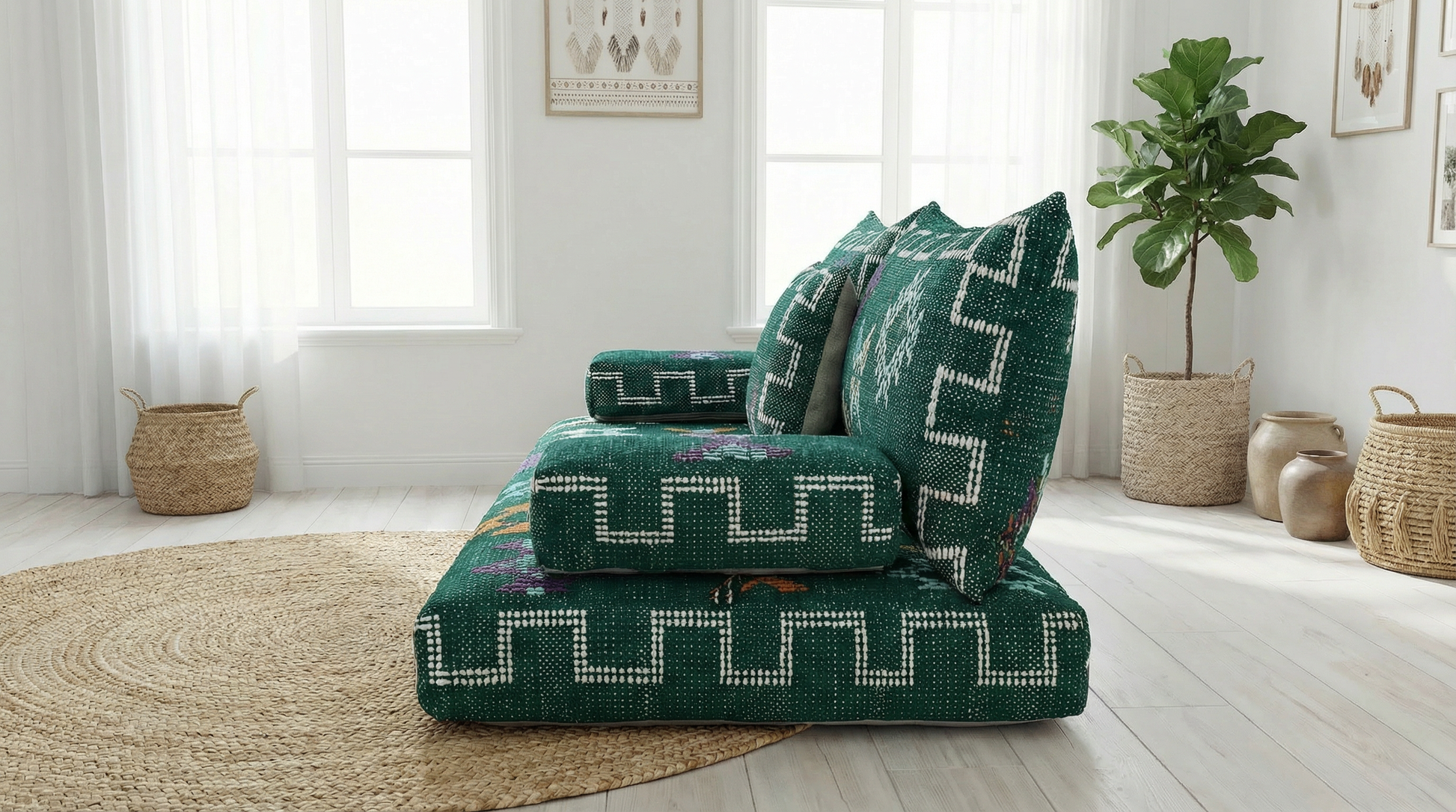 Green patterned moroccan couch in a bright room with plants and baskets.