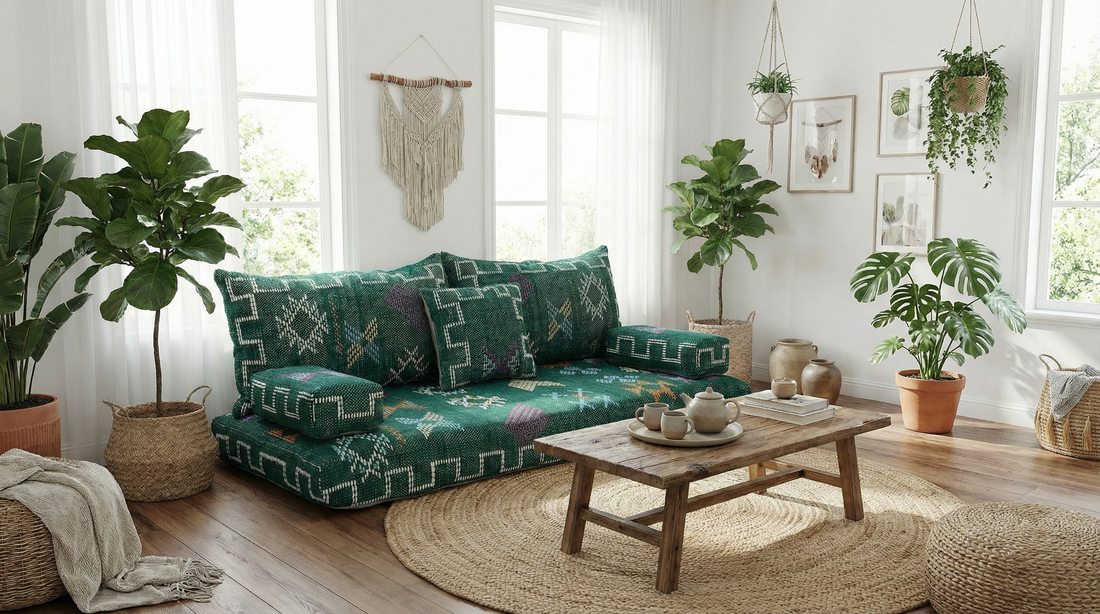 Living room with a green patterned sofa, wooden coffee table, and plants.