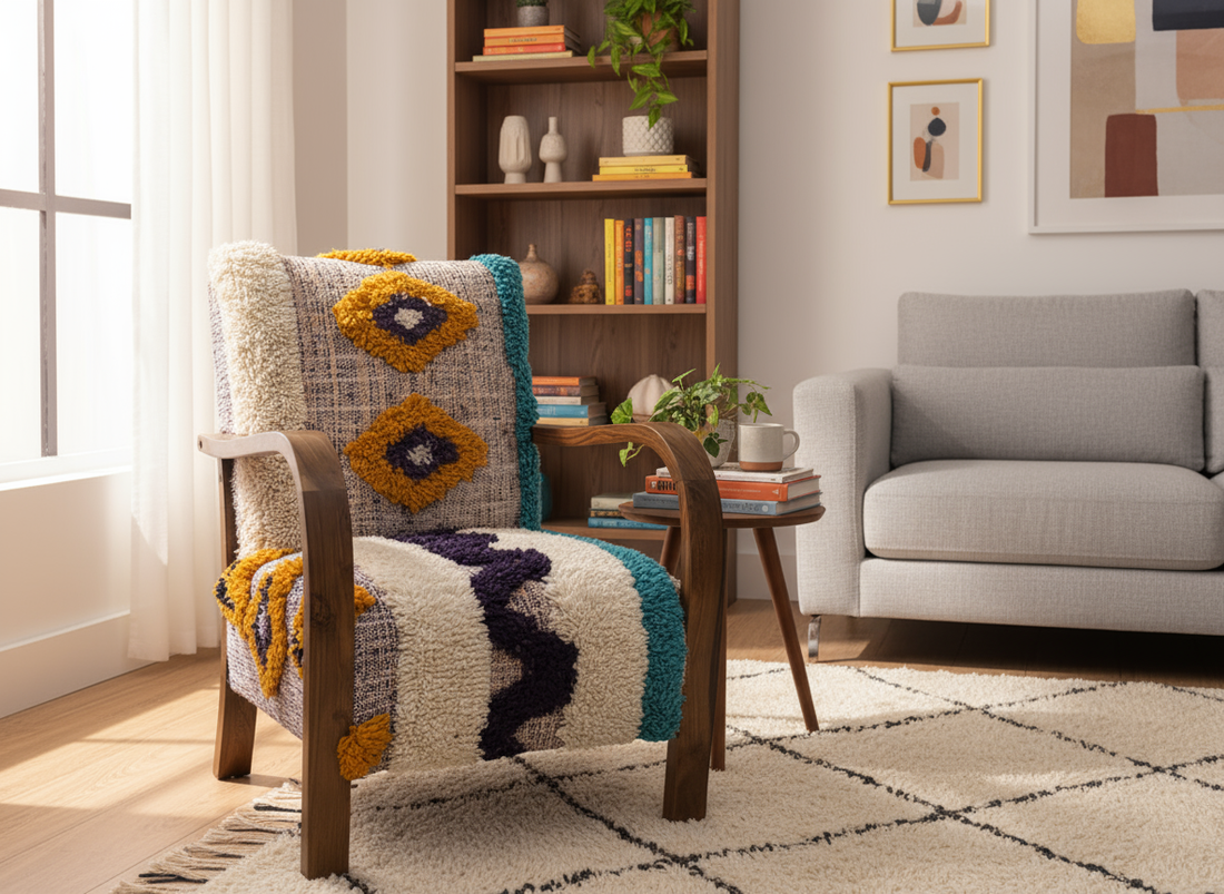 Decorative armchair with a colorful blanket in a living room setting
