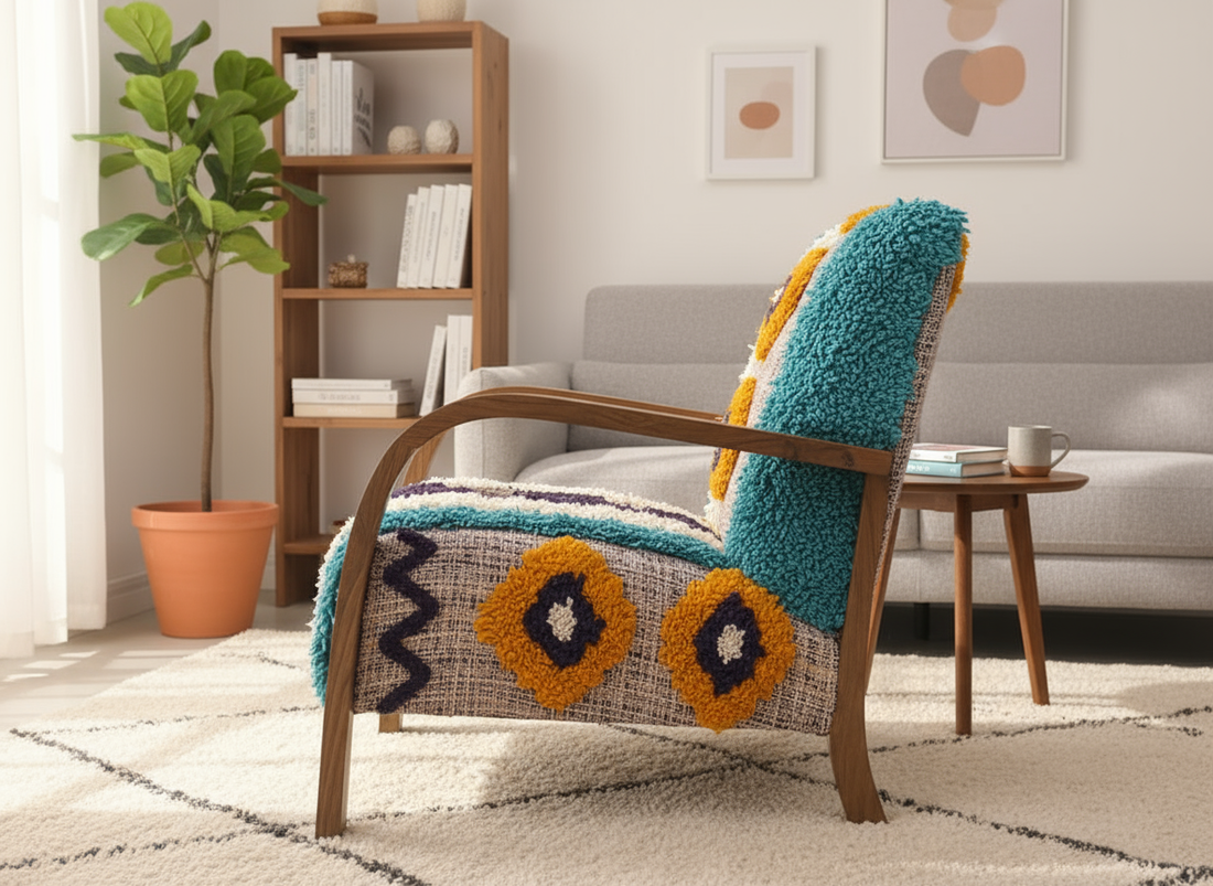 Decorative armchair with a colorful blanket in a living room setting

