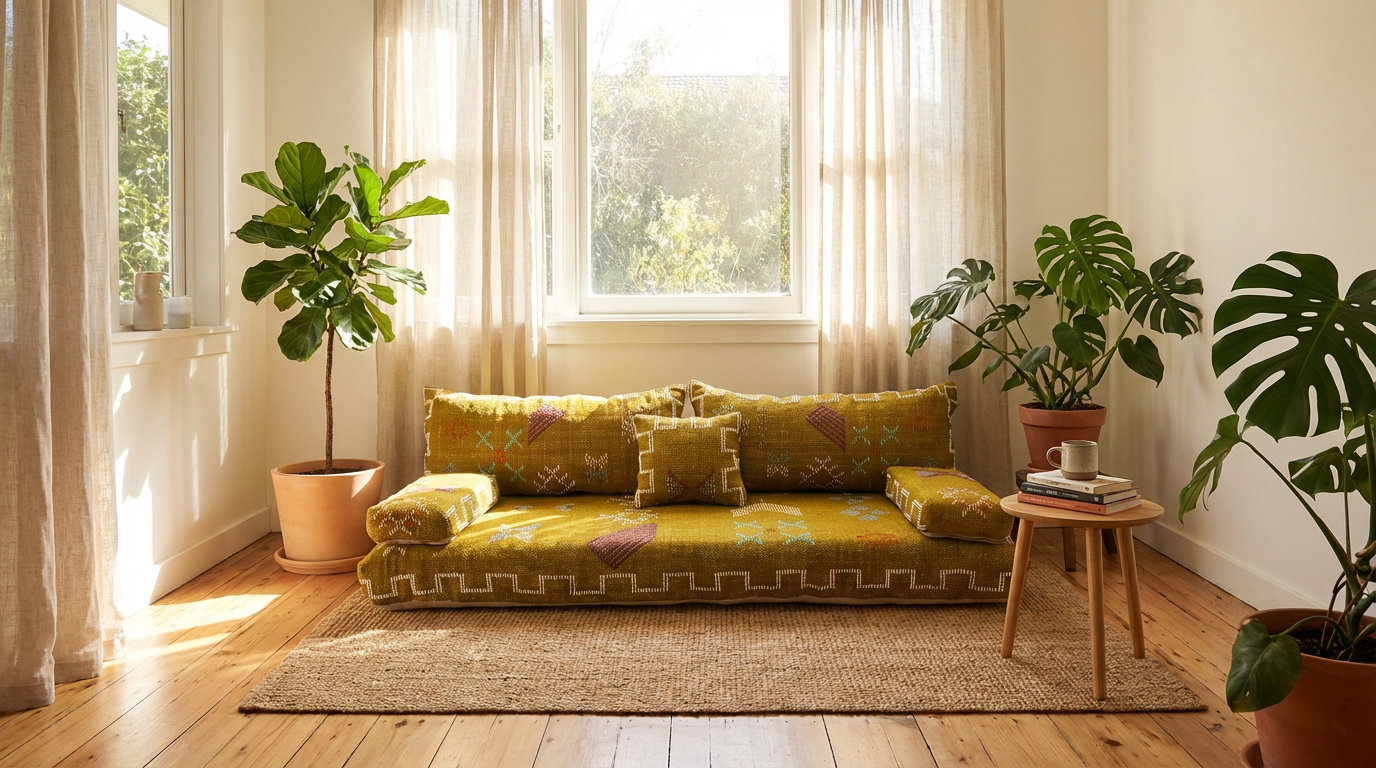 Living room with a yellow floral sofa, plants, and a small table.