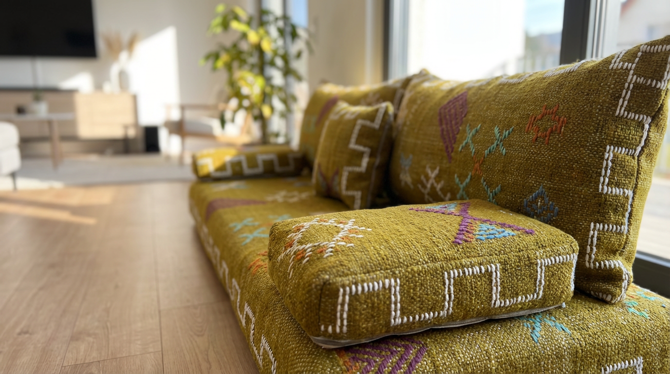 Green patterned sofa in a living room setting with a neutral color palette.