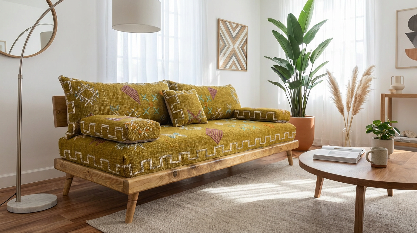 Authentic Moroccan Handmade Wool Floor Couch - Olive-Yellow moroccan Sofa berber Nr 13-BOHO SOFA