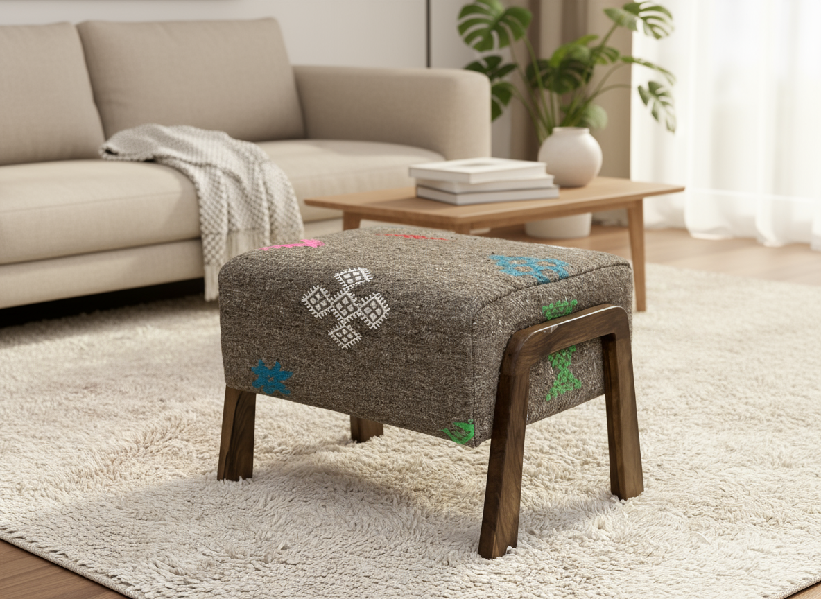 Moroccan Kilim Ottoman I Handcrafted Wooden Stool & Footrest-BOHO SOFA