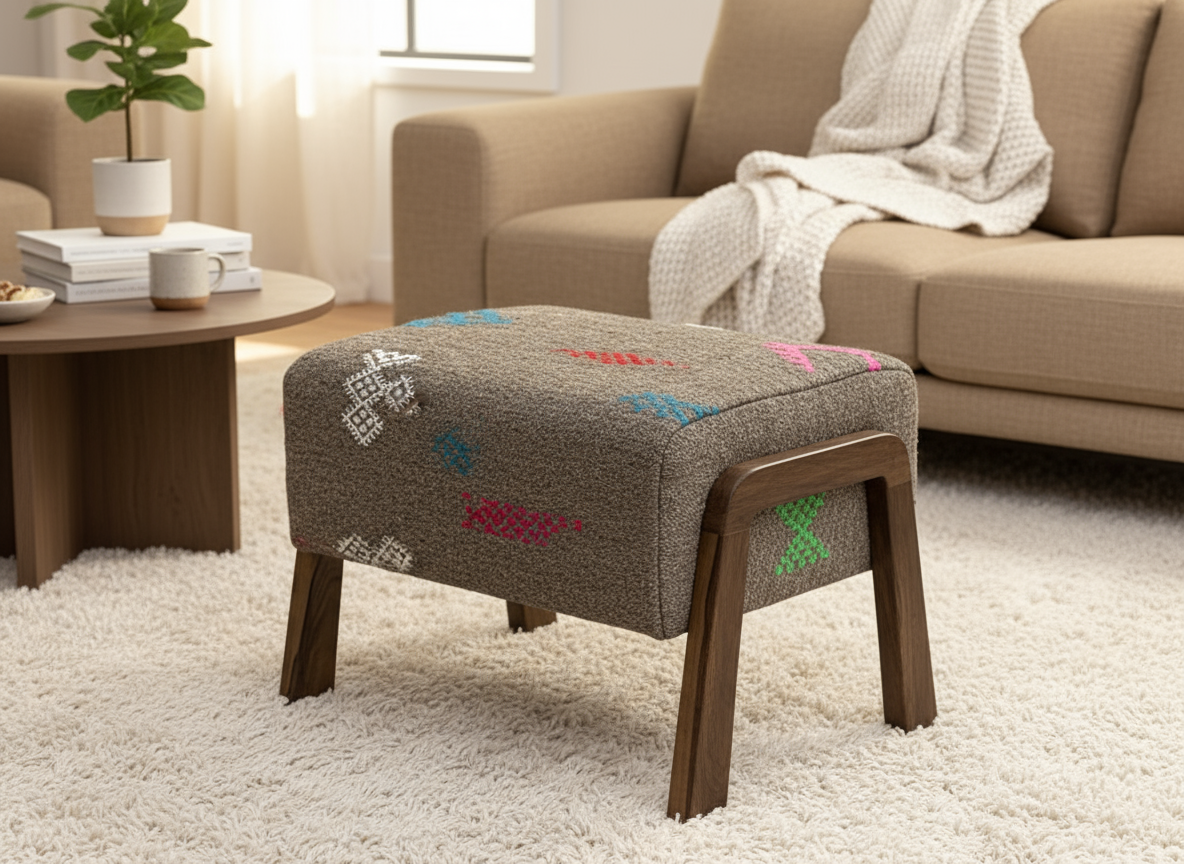 Moroccan Kilim Ottoman I Handcrafted Wooden Stool & Footrest-BOHO SOFA
