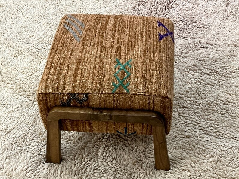 Moroccan Kilim Ottoman I Handcrafted Wooden Stool & Footrest-BOHO SOFA