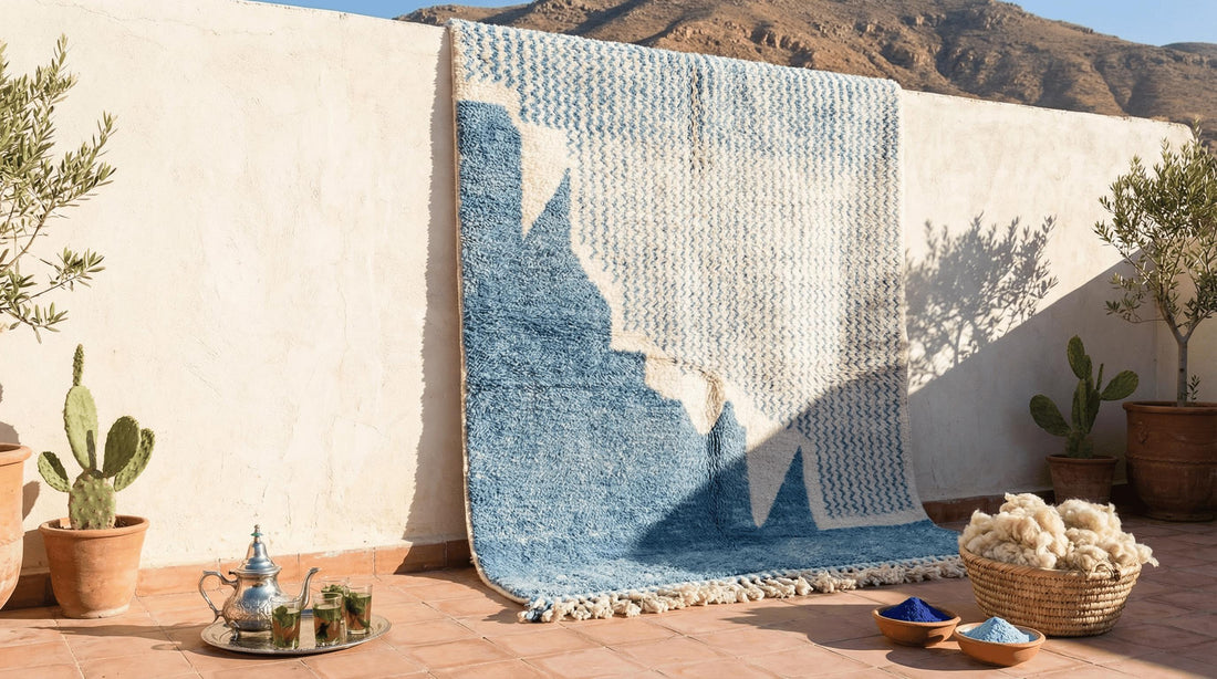 Hand-Knotted Moroccan Blue Azilal Rug | Custom Wool Berber