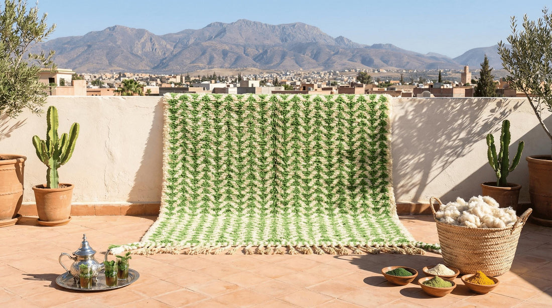 Hand-Knotted Green Moroccan Rug | Custom Azilal, Natural Wool