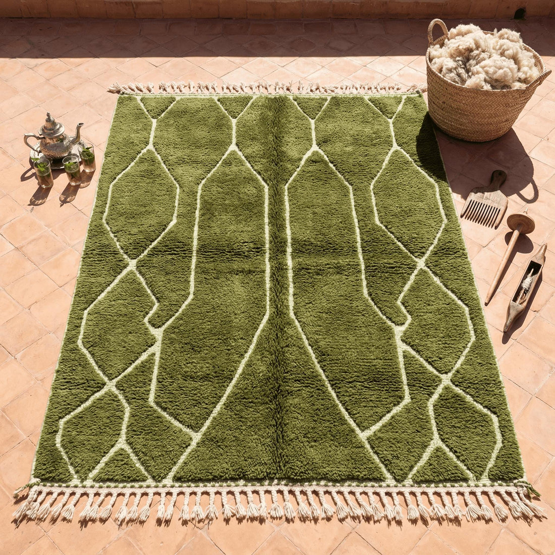 Modern Green moroccan Rug  | Custom Azilal Berber, Natural Wool , Hand-Knotted , Geometric Rug