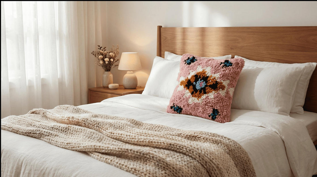 Handmade Moroccan Wool Pillow Cover | Pink Berber Tufted Cushion