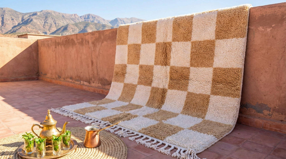 Beige Moroccan checkered Rug – Hand-Knotted Azilal Berber Wool Rug, Made-to-Order