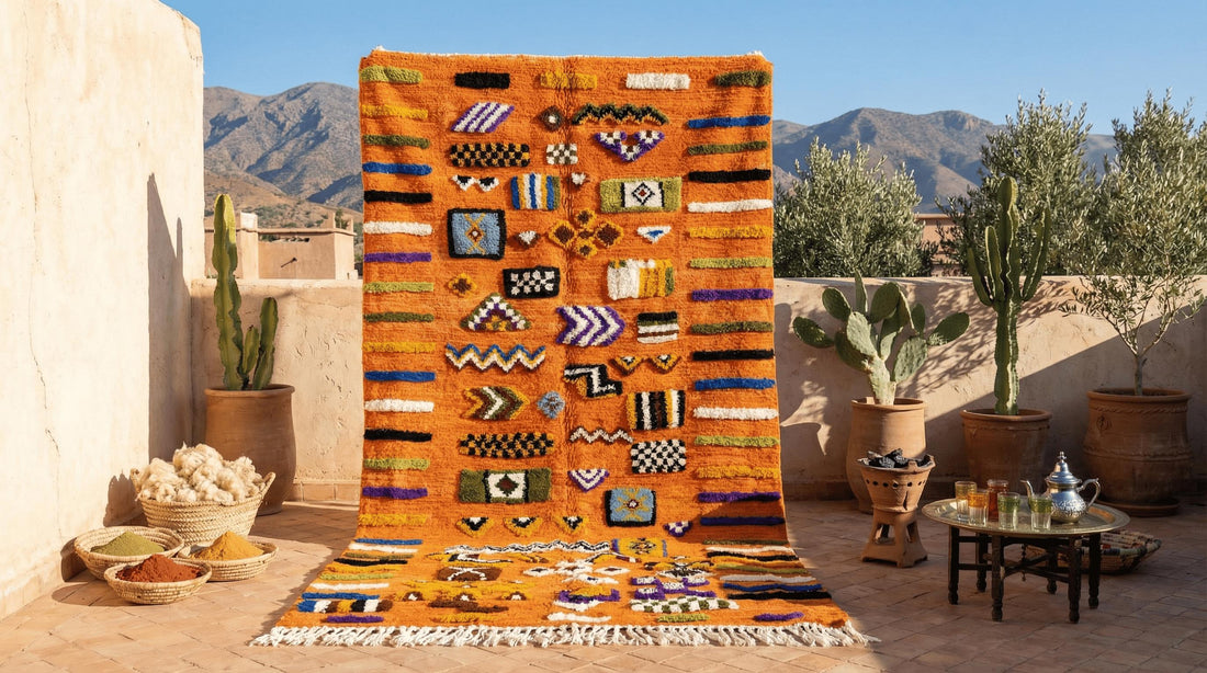Orange Moroccan Rug – Hand-Knotted Berber Wool Azilal Style Abstract orage rug