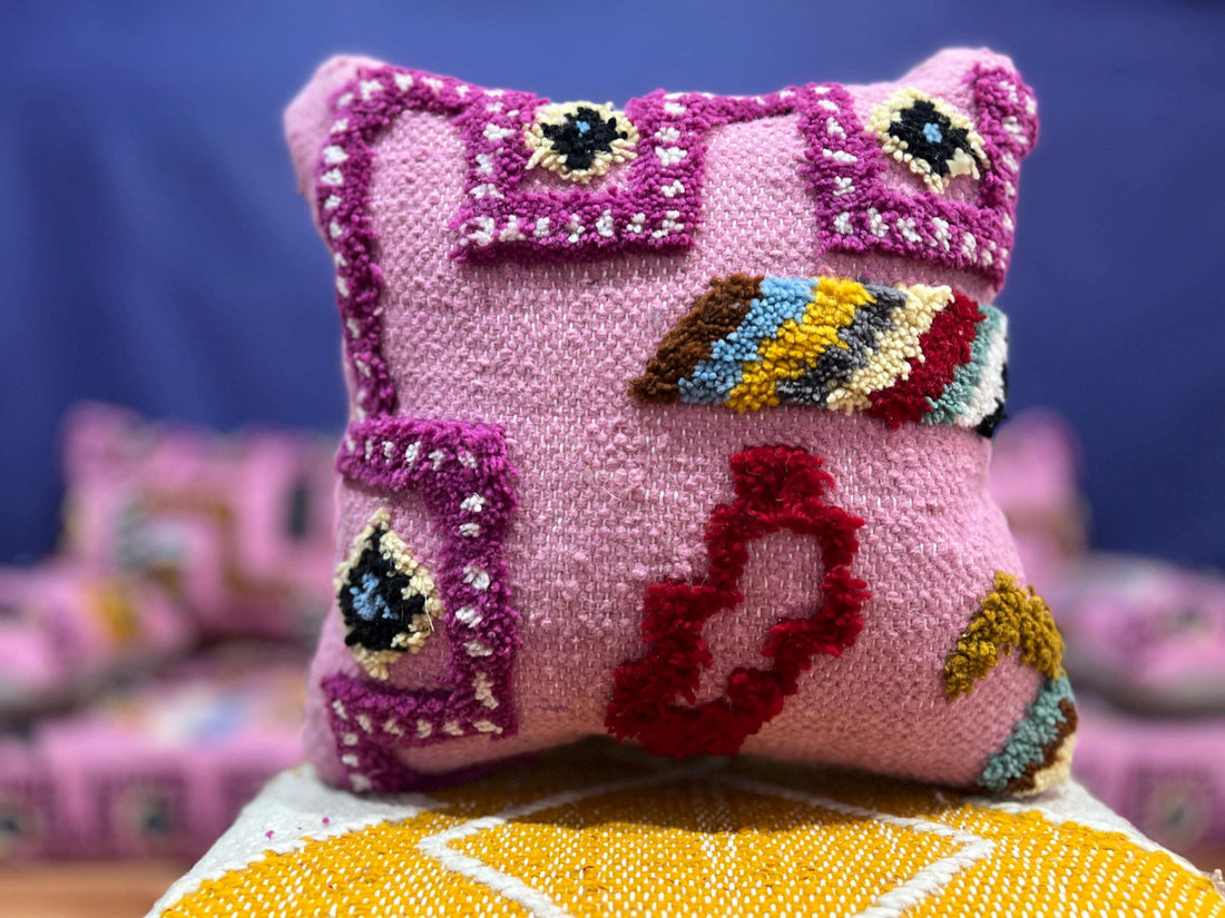 Pink Moroccan Wool Pillow Cover | Handwoven Berber Tufted Cushion