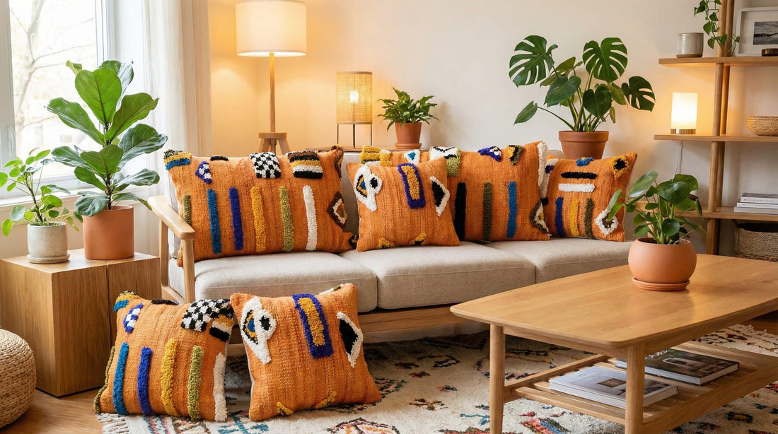 Handmade Orange Moroccan Pillow Cover | Berber Tufted Cushion, Boho Decor