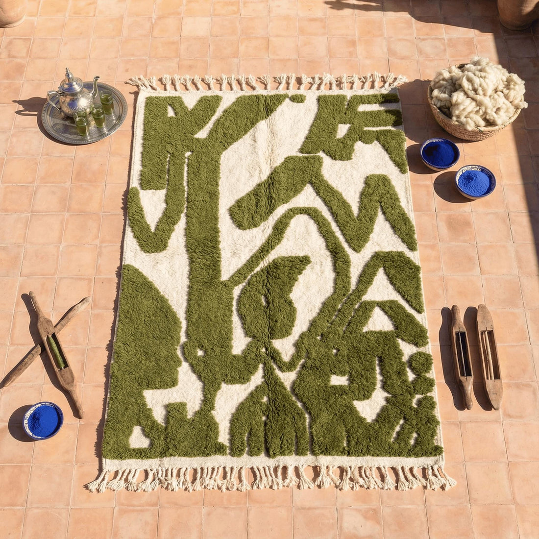 Custom Green Moroccan Rug | Hand-Knotted Azilal Berber, Natural Wool