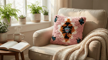 Handmade Pink Moroccan Wool Pillow Cover, close-up detail view – Boho Sofa