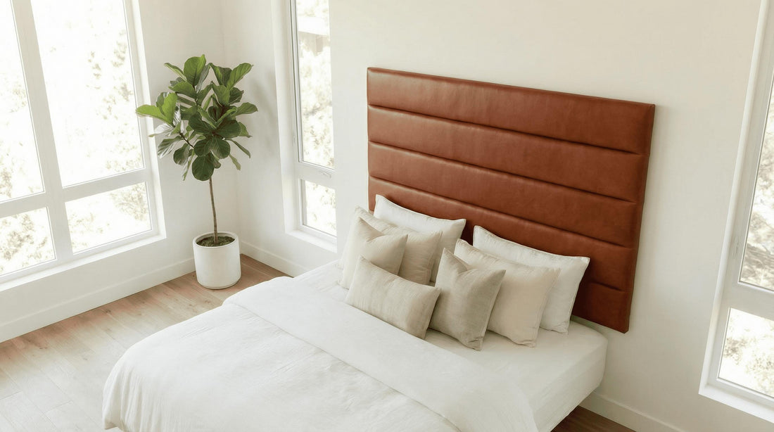 Moroccan Cow Leather Headboard | Thick Cowhide Bed Backrest, close-up detail view – Boho Sofa