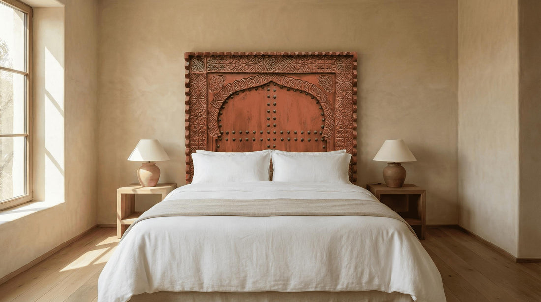Black Hand Carved Wooden Headboard - Boho Bedroom Decor, Artisan Wall Panel