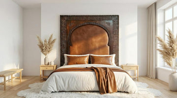 Handmade Cedar Wood & Genuine Leather Headboard, Brown, close-up detail view – Boho Sofa