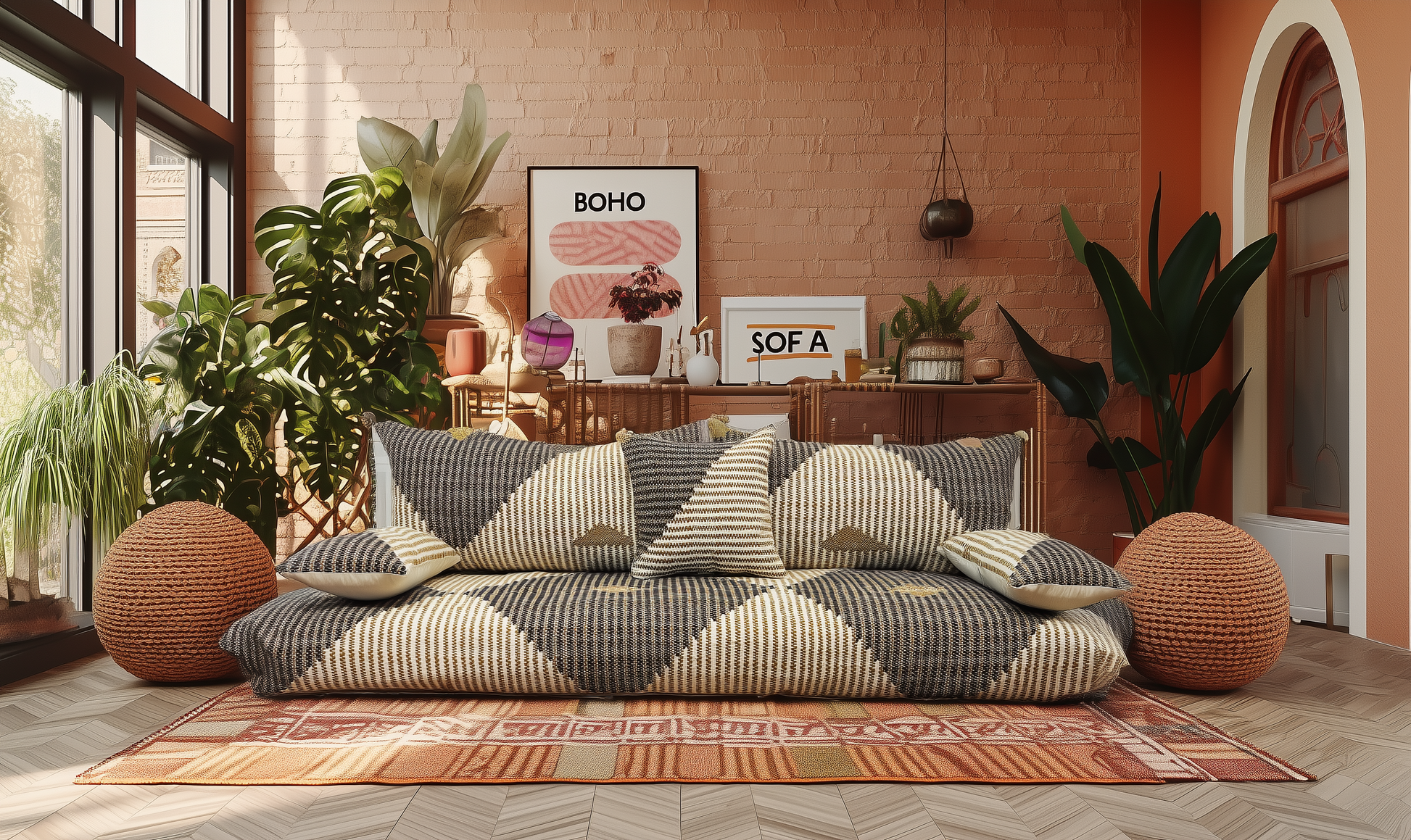 Moroccan Modern floor couch , Modern moroccan sofa Abstract Couch Black /beige Modern N1-BOHO SOFA