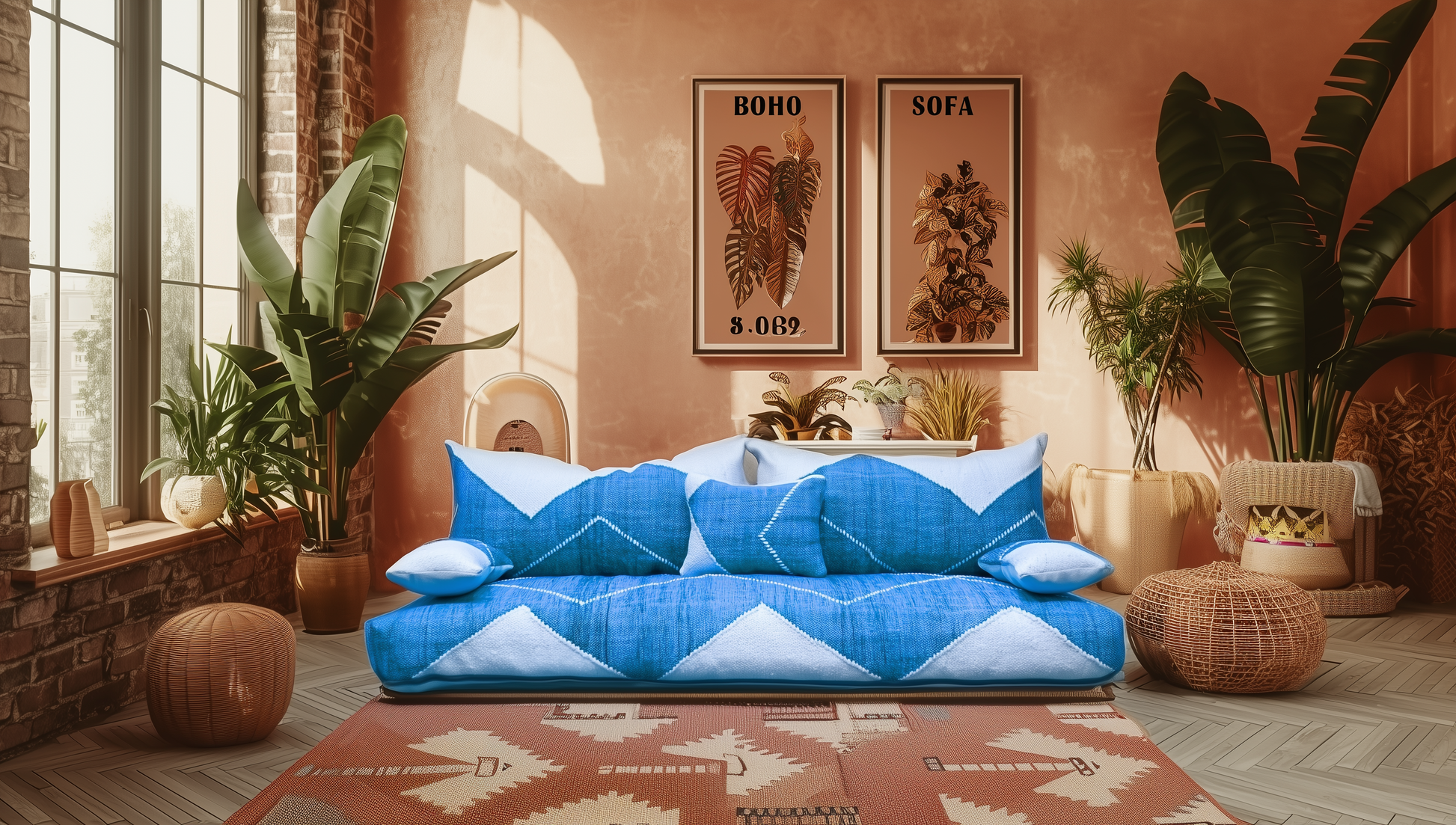 BOHOSOFA Premium Handwoven Blue Moroccan Floor Couch – Natural JEBLI Collection-BOHO SOFA