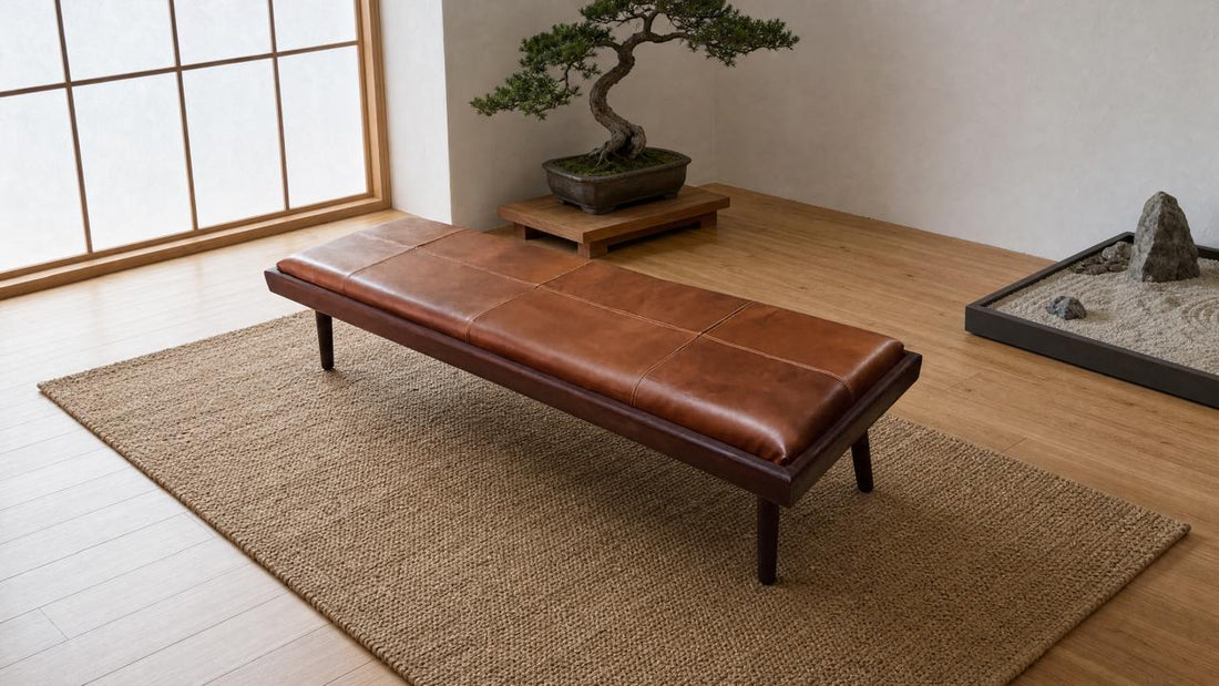 Genuine Leather Bench & Coffee Table – Moroccan Handmade Footstool Ottoman, Brown, close-up detail view – Boho Sofa