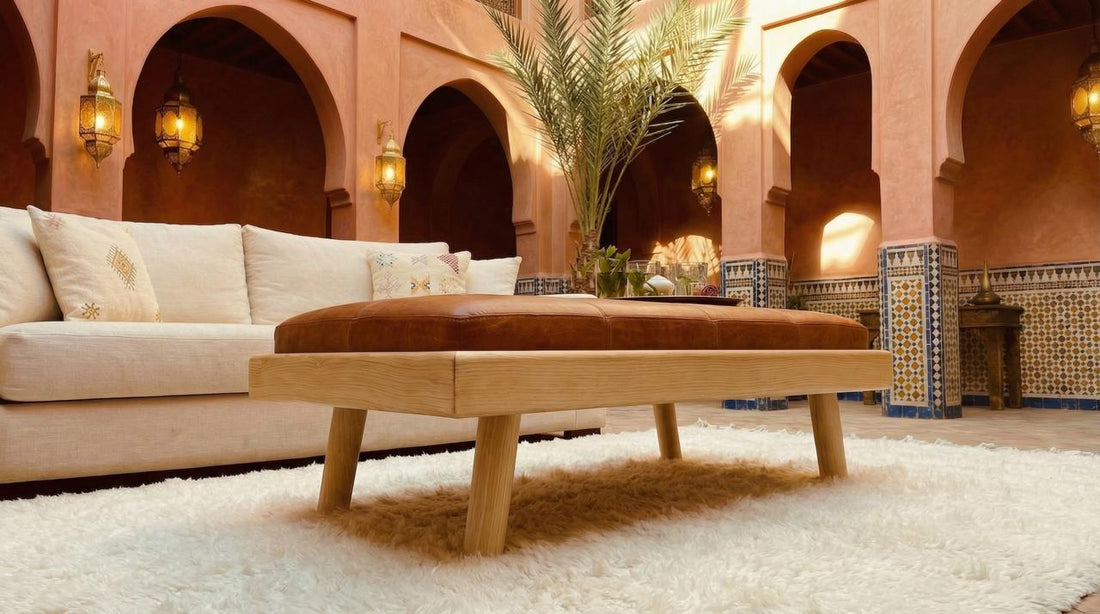 Moroccan Modular Bench & Coffee Table, Genuine Cow Leather, Brown, close-up detail view – Boho Sofa