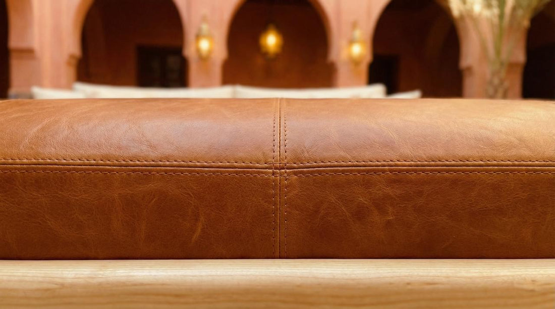 Moroccan Modular Bench & Coffee Table, Genuine Cow Leather, Brown, close-up detail view – Boho Sofa