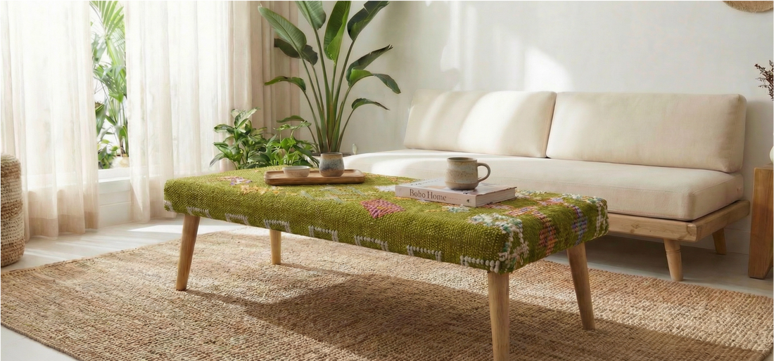 Moroccan Modular Bench & Coffee Table Geometric Kilim Fabric on Rustic Natural Wood Base Footstool Bench, Ottoman Bench