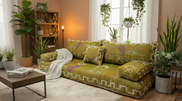 Authentic Moroccan Handmade Wool Floor Couch - Olive-Yellow moroccan Sofa berber Nr 13-BOHO SOFA