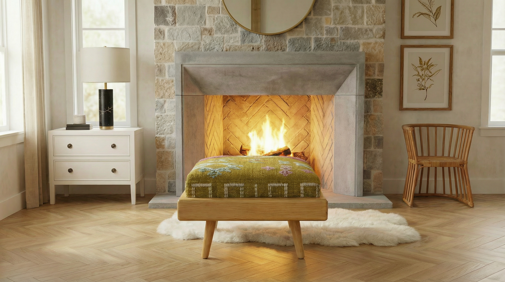 Cozy living room with a fireplace, ottoman, and decorative elements.