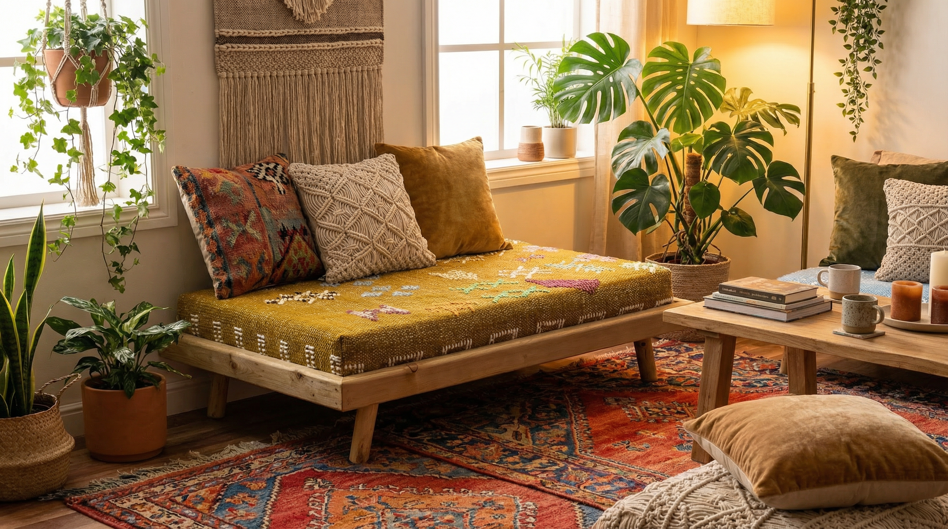 Cozy living room with a yellow futon, cushions, and plants.