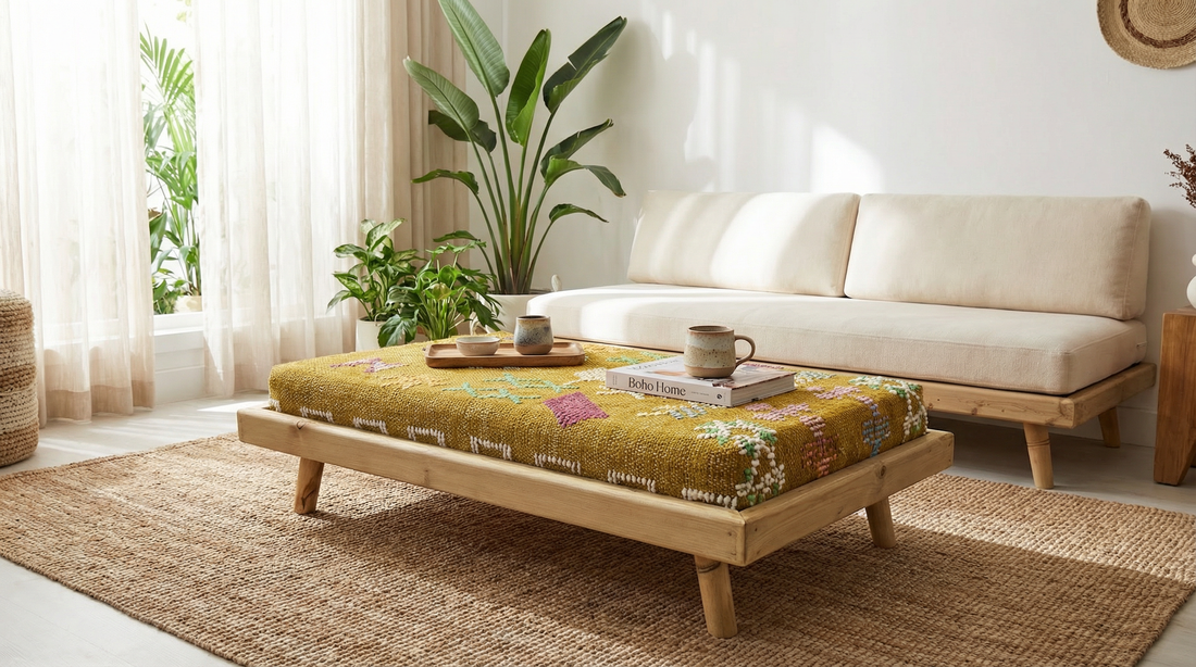 Living room with a wooden coffee table, sofa, and decorative plants.
