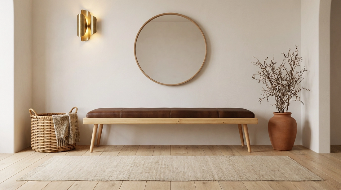 Moroccan Leather Bench & Coffee Table, Genuine Cow Leather, Brown B, close-up detail view – Boho Sofa