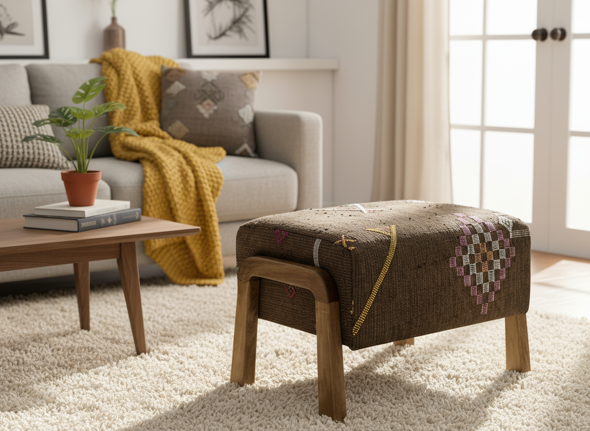 Moroccan Kilim Ottoman I Handcrafted Wooden Stool & Footrest-BOHO SOFA