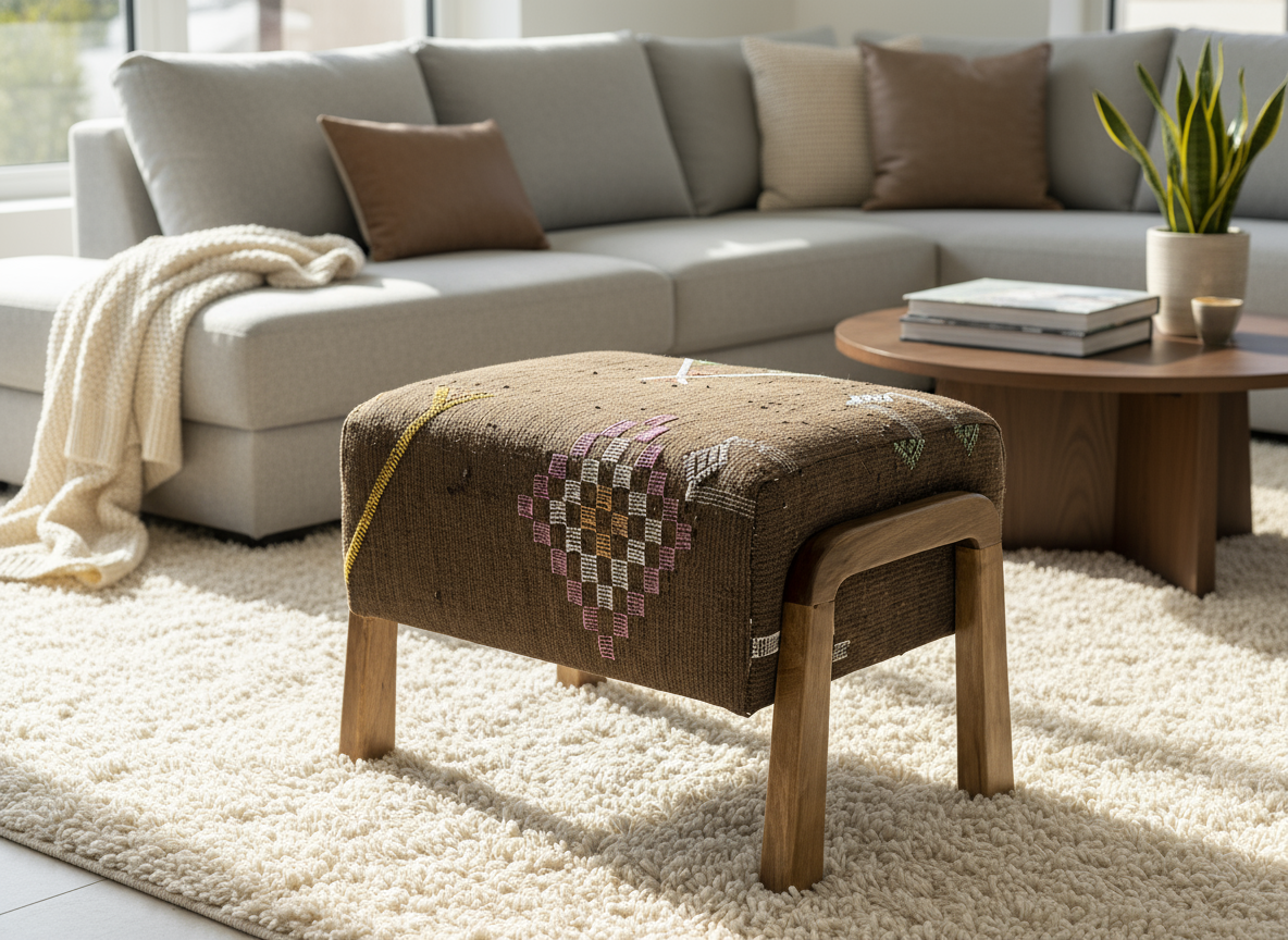Moroccan Kilim Ottoman I Handcrafted Wooden Stool & Footrest-BOHO SOFA