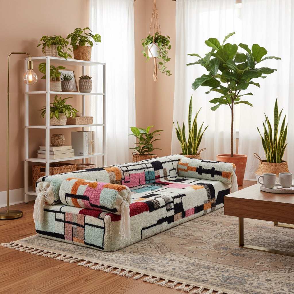 Living room with a colorful boho sofa  patterned sofa, plants, and a coffee table.
