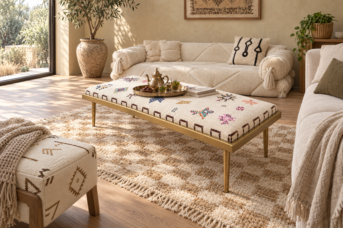 White Handcrafted Modular Bench & Coffee Table – boho Geometric Kilim Fabric  Wood Base with Cylindrical Legs