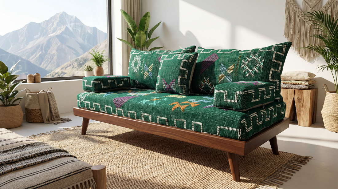 Authentic Dark Green Moroccan Handmade Wool Floor Couch -  moroccan berber Sofa