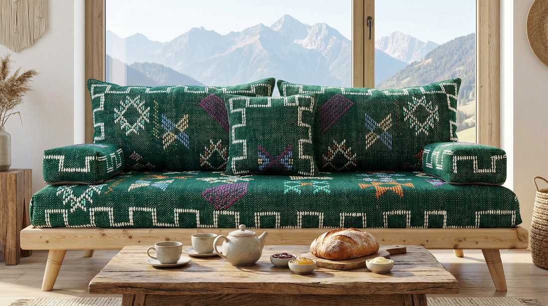 Authentic Dark Green Moroccan Handmade Wool Floor Couch -  moroccan berber Sofa light wood base