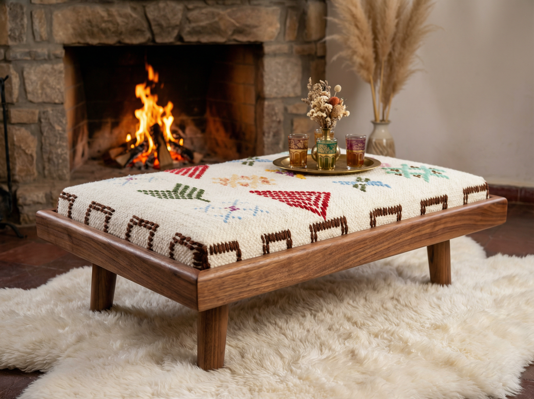 White Bench on Brown Wood Base – Handcrafted Modular Coffee Table, close-up detail view – Boho Sofa