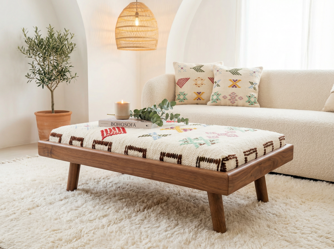 White Bench on Brown Wood Base – Handcrafted Modular Coffee Table, close-up detail view – Boho Sofa