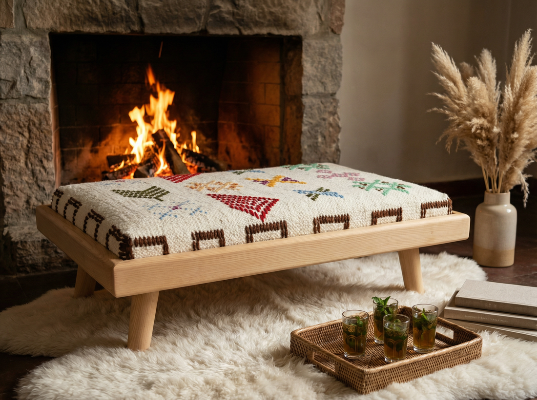 White Handcrafted Modular Bench & Coffee Table – Boho Kilim, close-up detail view – Boho Sofa