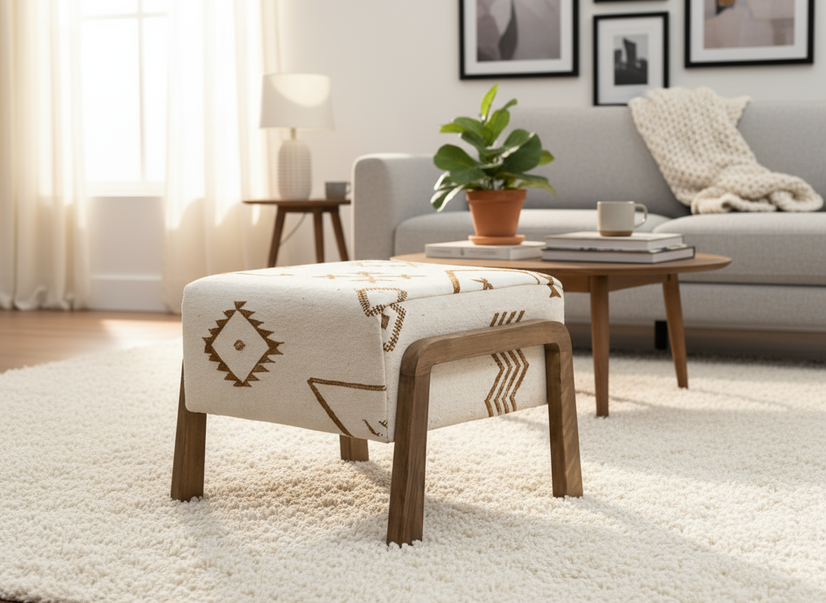 Moroccan Kilim Ottoman I Handcrafted Wooden Stool & Footrest-BOHO SOFA