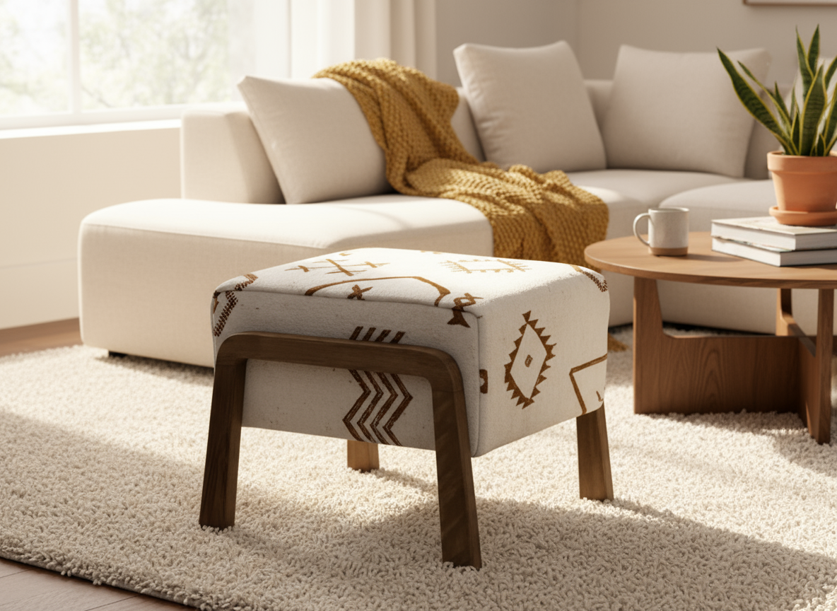Moroccan Kilim Ottoman I Handcrafted Wooden Stool & Footrest-BOHO SOFA