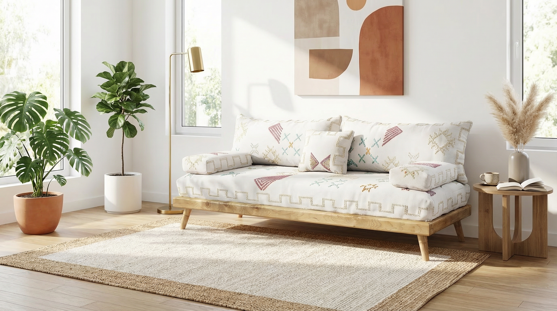 Authentic Moroccan White  Wool Floor Couch 