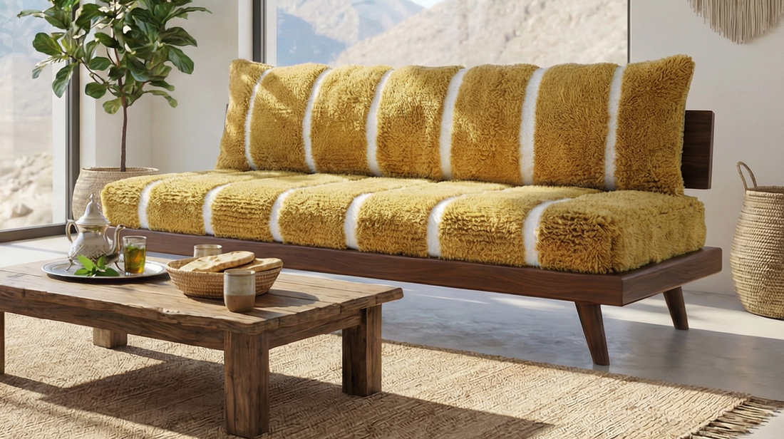 Yellow striped sofa in a modern living room with large windows and mountain view.