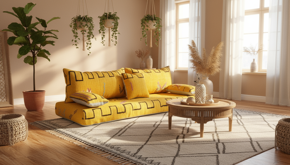 Yellow Moroccan sofa in a living room with plants and a coffee table.