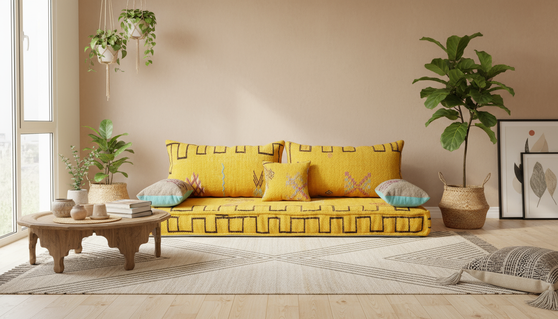 Yellow Moroccan sofa in a living room with plants and a coffee table.